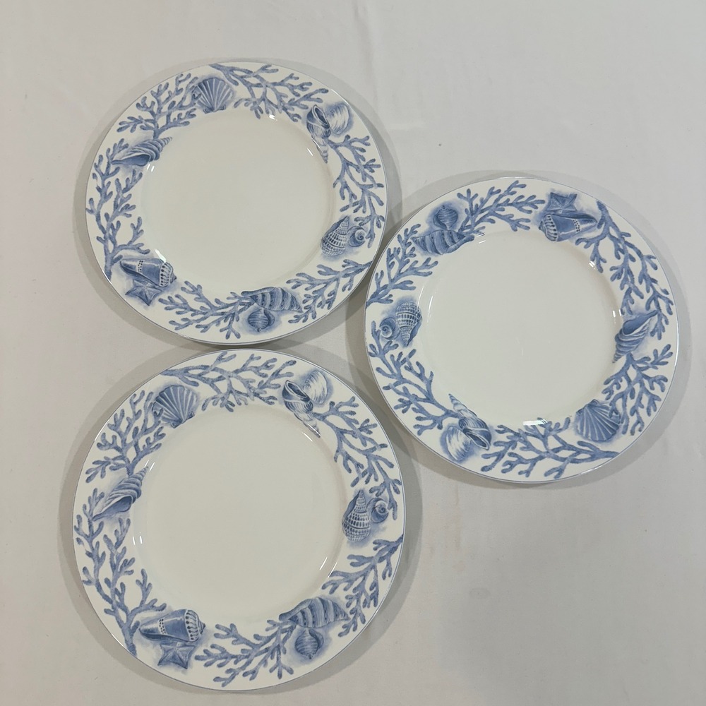 Mikasa Coral Reef HK286 Dinner Plates Set of 3 Blue White Fine China 10.75 in